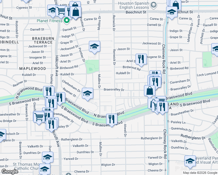 map of restaurants, bars, coffee shops, grocery stores, and more near 5519 Braesvalley Drive in Houston