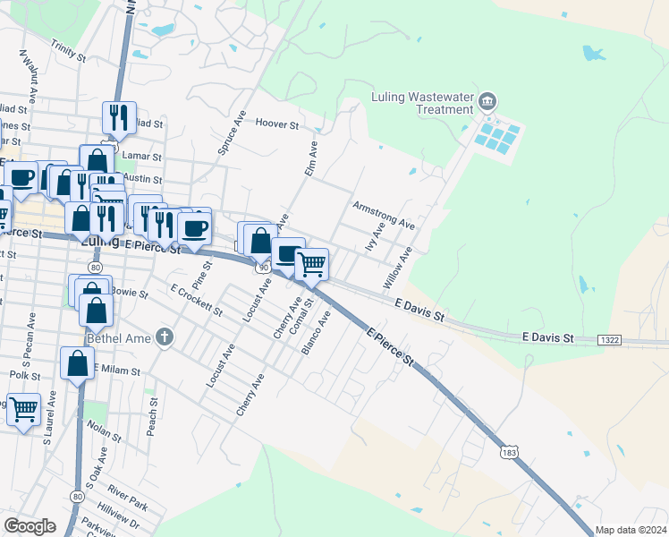 map of restaurants, bars, coffee shops, grocery stores, and more near 1327 East Davis Street in Luling