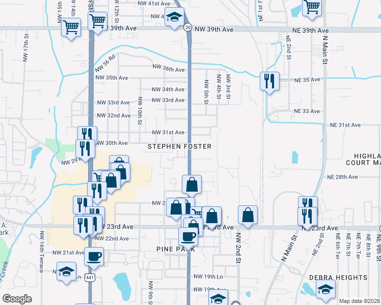 map of restaurants, bars, coffee shops, grocery stores, and more near 2903 Northwest 6th Street in Gainesville