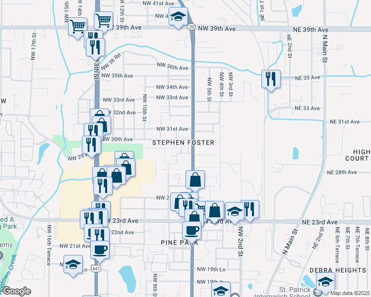 map of restaurants, bars, coffee shops, grocery stores, and more near 685 Northwest 29th Avenue in Gainesville
