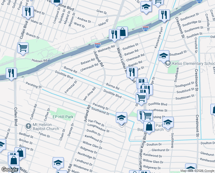 map of restaurants, bars, coffee shops, grocery stores, and more near 5214 Burma Road in Houston