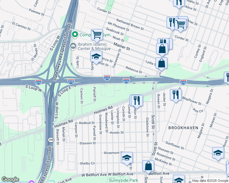 map of restaurants, bars, coffee shops, grocery stores, and more near 3530 South Loop West in Houston