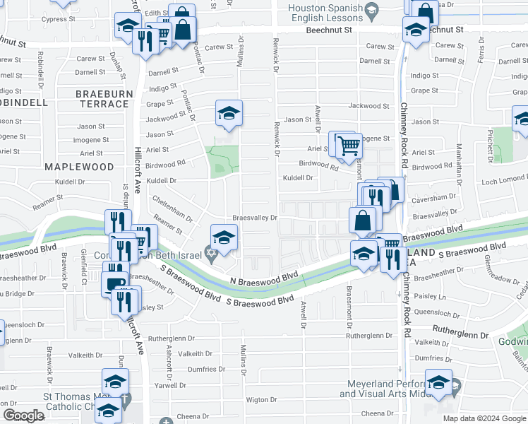 map of restaurants, bars, coffee shops, grocery stores, and more near 5519 Braesvalley Drive in Houston
