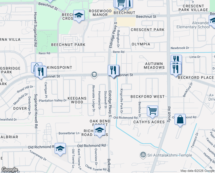 map of restaurants, bars, coffee shops, grocery stores, and more near 9243 Stockwell Street in Houston