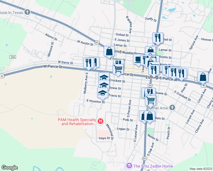 map of restaurants, bars, coffee shops, grocery stores, and more near 214 South Hackberry Avenue in Luling