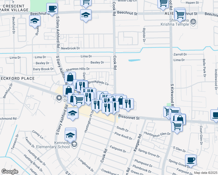 map of restaurants, bars, coffee shops, grocery stores, and more near 9107 Regents Cove Court in Houston
