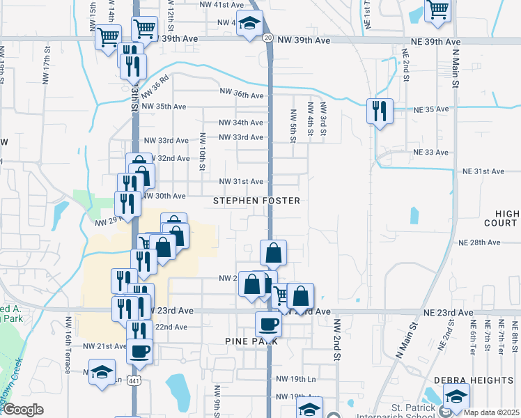 map of restaurants, bars, coffee shops, grocery stores, and more near 2930 Northwest 6th Terrace in Gainesville