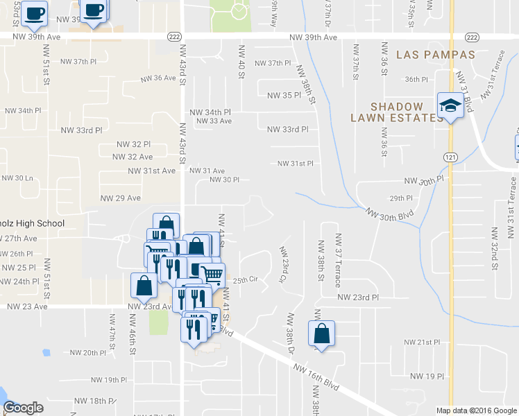 map of restaurants, bars, coffee shops, grocery stores, and more near 3939 Northwest 29th Lane in Gainesville