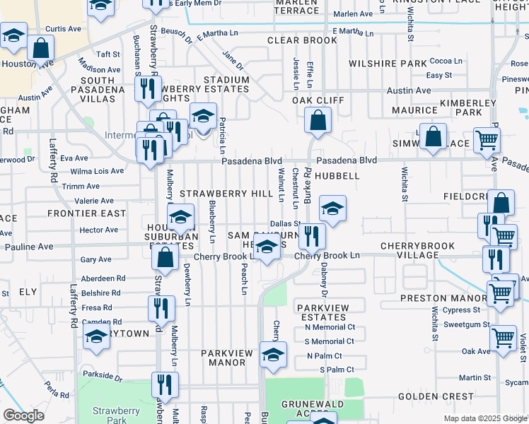 map of restaurants, bars, coffee shops, grocery stores, and more near 2207 Hickory Lane in Pasadena