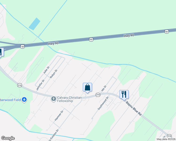 map of restaurants, bars, coffee shops, grocery stores, and more near 282 Buccaneer Road in Houma