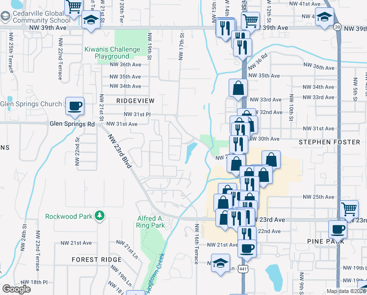 map of restaurants, bars, coffee shops, grocery stores, and more near 1603 Northwest 29 Road in Gainesville