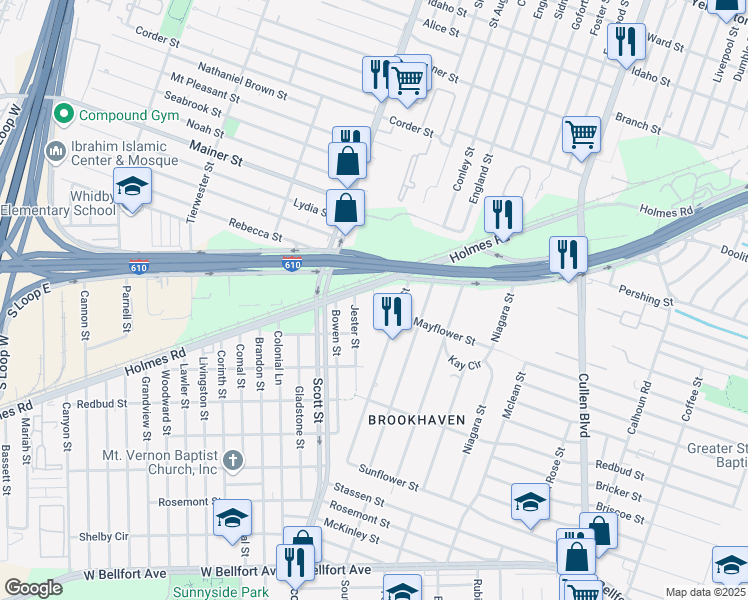 map of restaurants, bars, coffee shops, grocery stores, and more near 7713 Independence Street in Houston