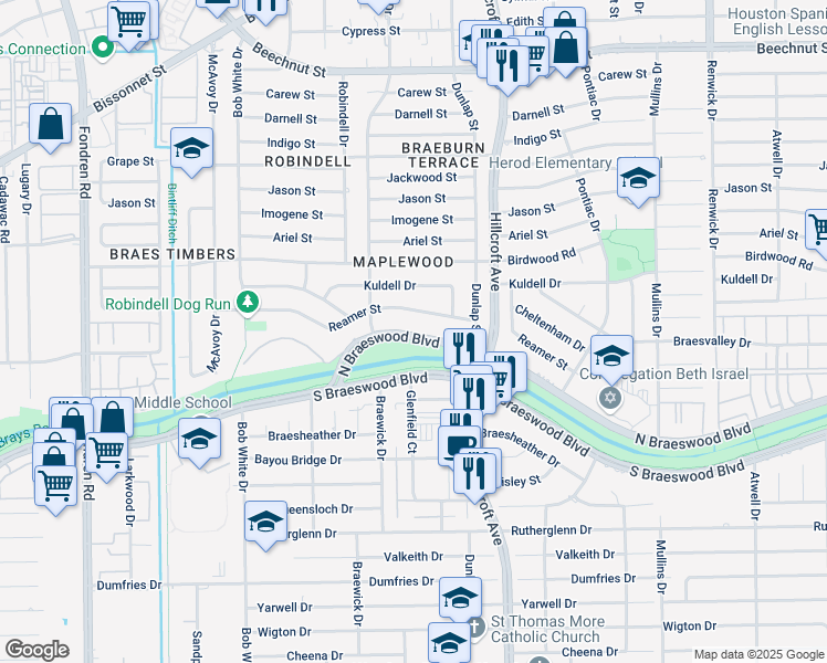 map of restaurants, bars, coffee shops, grocery stores, and more near 224 North Braeswood Boulevard in Houston