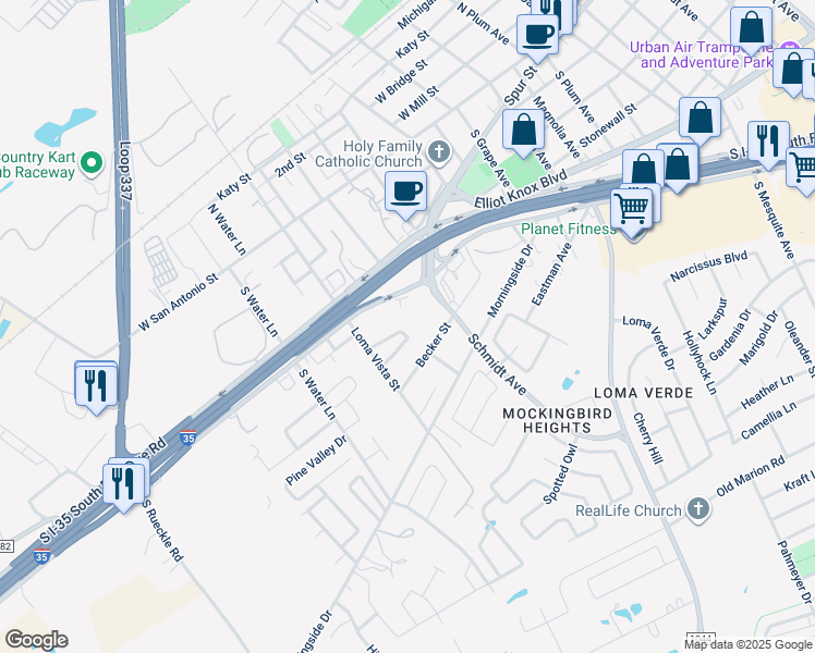 map of restaurants, bars, coffee shops, grocery stores, and more near 2694 Becker Street in New Braunfels