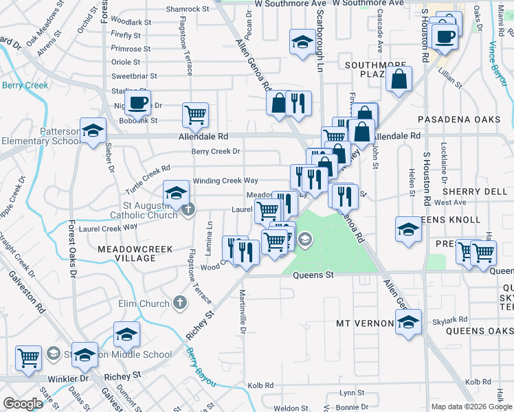 map of restaurants, bars, coffee shops, grocery stores, and more near 5718 Laurel Creek Way in Houston