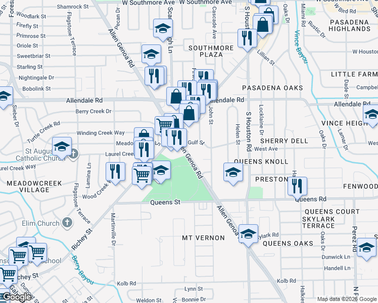 map of restaurants, bars, coffee shops, grocery stores, and more near 2215 Allen Genoa Road in Pasadena