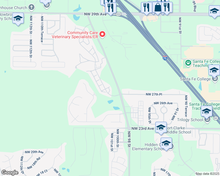 map of restaurants, bars, coffee shops, grocery stores, and more near 2751 Northwest 103rd Way in Gainesville