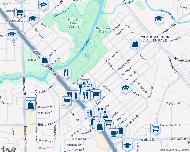 map of restaurants, bars, coffee shops, grocery stores, and more near 8101 Wier Drive in Houston