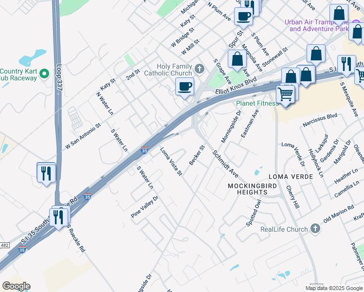 map of restaurants, bars, coffee shops, grocery stores, and more near 2694 Becker Street in New Braunfels