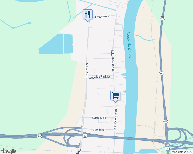 map of restaurants, bars, coffee shops, grocery stores, and more near 143 West Side Park Lane in Morgan City