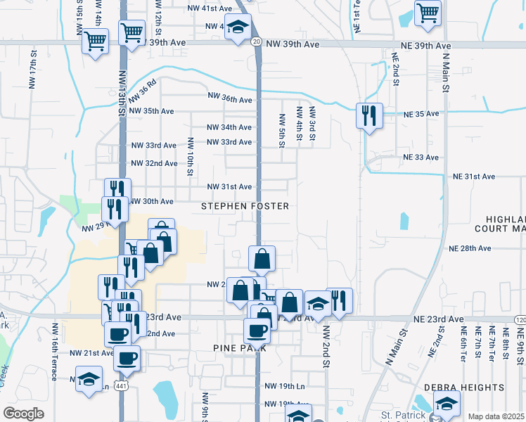 map of restaurants, bars, coffee shops, grocery stores, and more near 2943 Northwest 6th Street in Gainesville