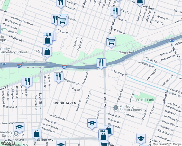 map of restaurants, bars, coffee shops, grocery stores, and more near 1023 Niagara Street in Houston