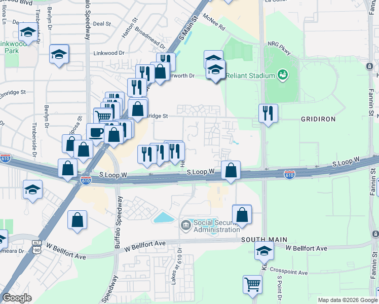 map of restaurants, bars, coffee shops, grocery stores, and more near 8529 Hearth Drive in Houston