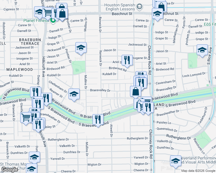 map of restaurants, bars, coffee shops, grocery stores, and more near 5300 North Braeswood Boulevard in Houston
