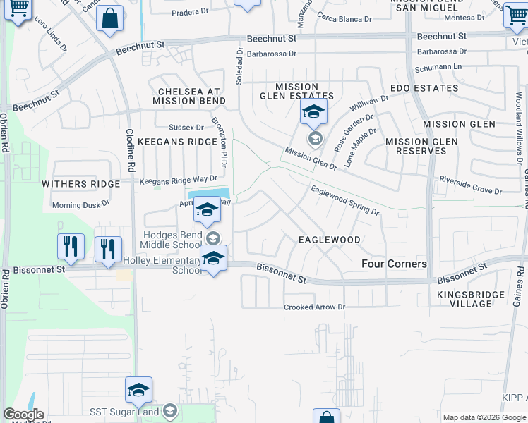 map of restaurants, bars, coffee shops, grocery stores, and more near 16315 Split Willow Drive in Houston