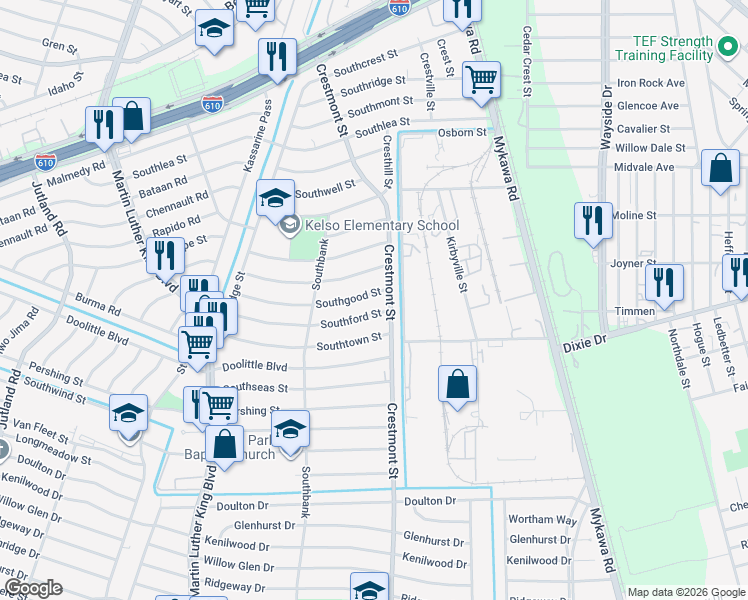 map of restaurants, bars, coffee shops, grocery stores, and more near 5954 Southford Street in Houston
