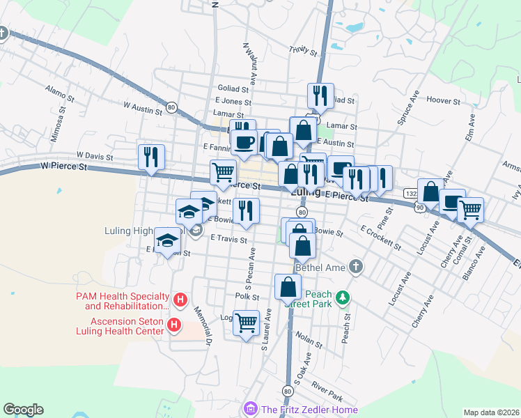 map of restaurants, bars, coffee shops, grocery stores, and more near 509 East Bowie Street in Luling