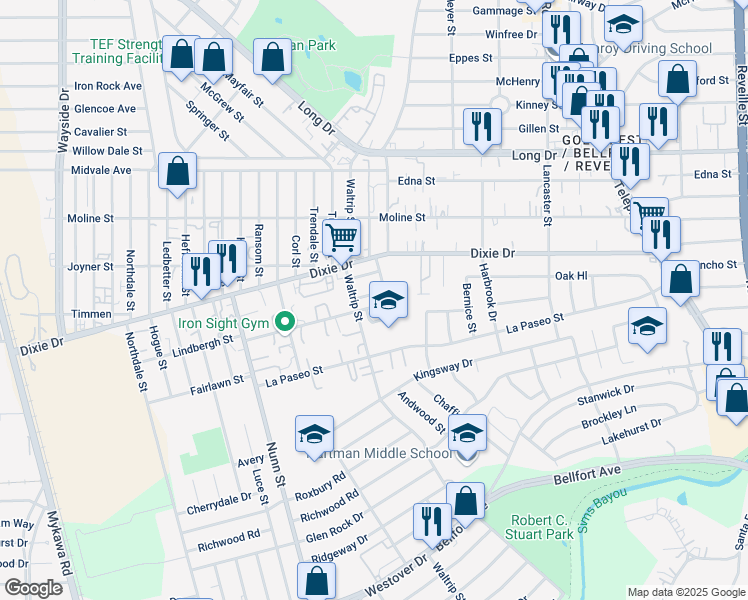 map of restaurants, bars, coffee shops, grocery stores, and more near 5905 Waltrip Street in Houston