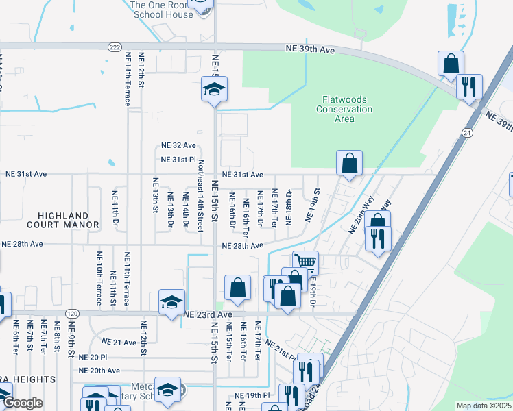 map of restaurants, bars, coffee shops, grocery stores, and more near 2909 Northeast 16th Terrace in Gainesville