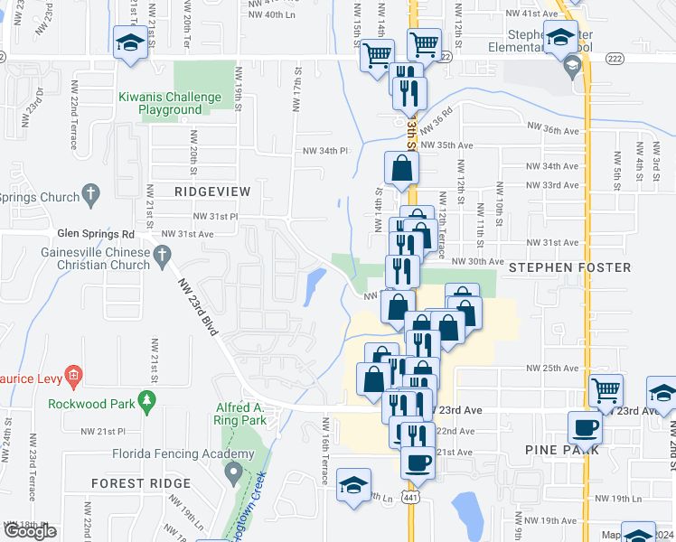 map of restaurants, bars, coffee shops, grocery stores, and more near 1515 Northwest 29 Road in Gainesville