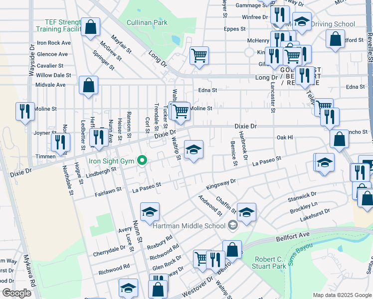 map of restaurants, bars, coffee shops, grocery stores, and more near 5905 Waltrip Street in Houston