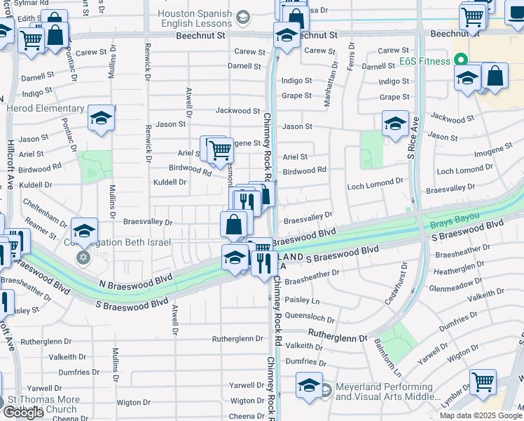 map of restaurants, bars, coffee shops, grocery stores, and more near 9002 Chimney Rock Road in Houston