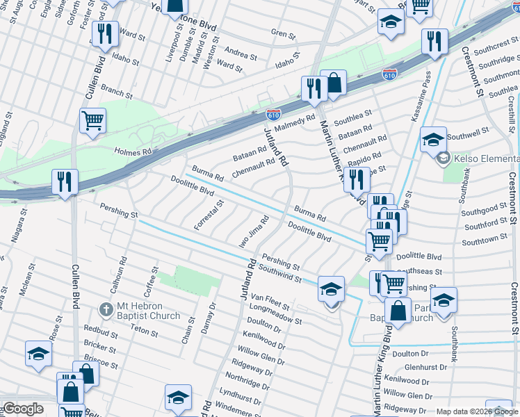 map of restaurants, bars, coffee shops, grocery stores, and more near 7314 Iwo Jima Road in Houston