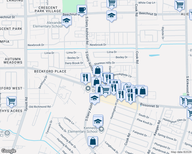 map of restaurants, bars, coffee shops, grocery stores, and more near 12700 Brookglade Circle in Houston