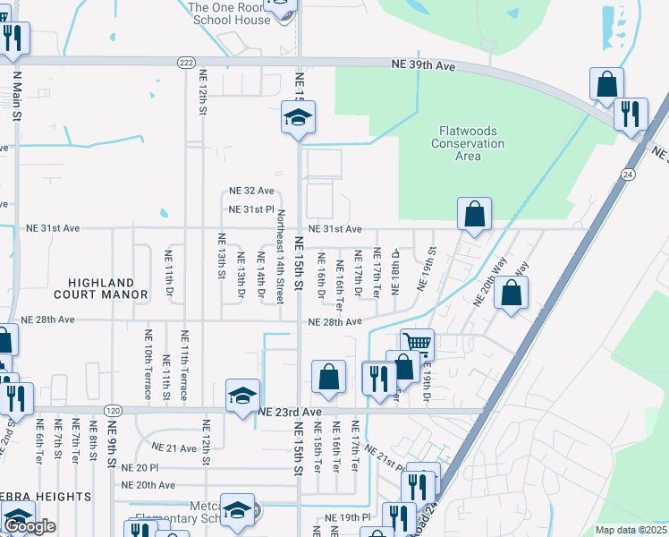 map of restaurants, bars, coffee shops, grocery stores, and more near 2909 Northeast 16th Terrace in Gainesville