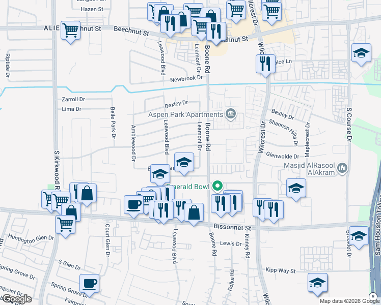 map of restaurants, bars, coffee shops, grocery stores, and more near 11210 Evesborough Drive in Houston