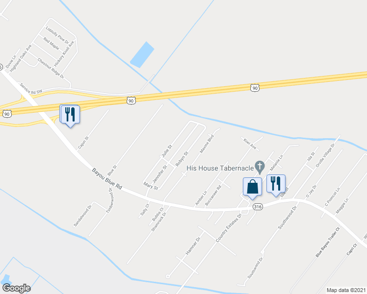 map of restaurants, bars, coffee shops, grocery stores, and more near 316 Jennifer Street in Houma