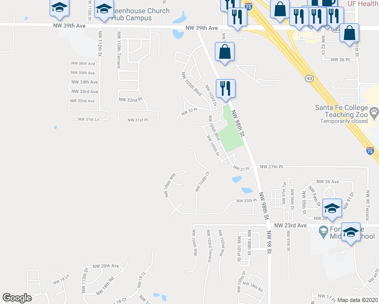 map of restaurants, bars, coffee shops, grocery stores, and more near 2902 Northwest 104th Court in Gainesville