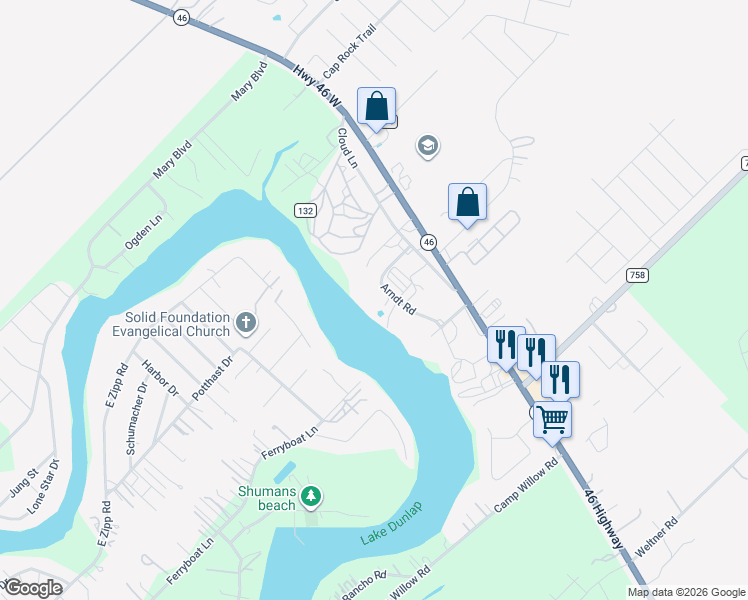 map of restaurants, bars, coffee shops, grocery stores, and more near 1545 Arndt Road in New Braunfels