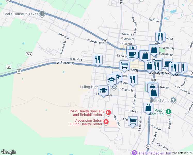 map of restaurants, bars, coffee shops, grocery stores, and more near 215 Mulberry Avenue South in Luling