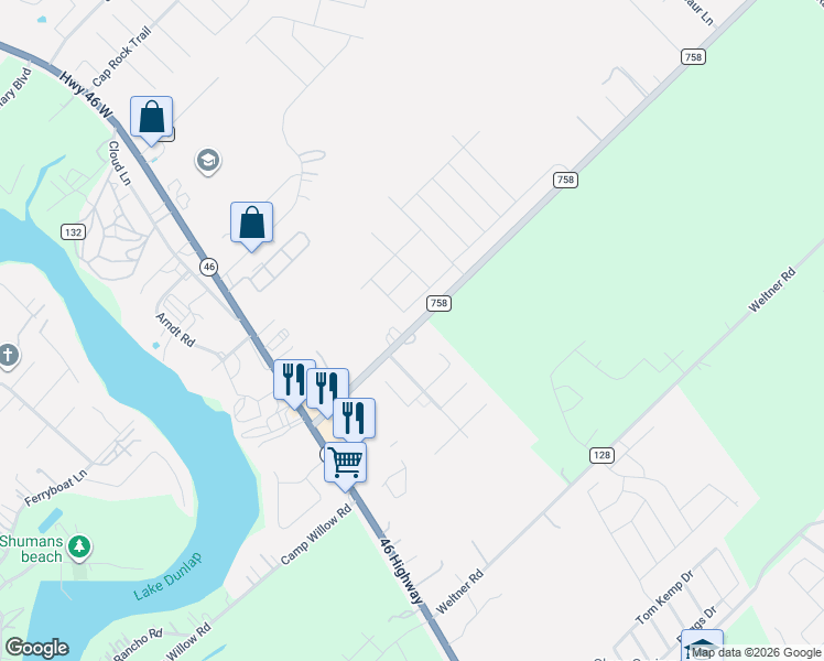 map of restaurants, bars, coffee shops, grocery stores, and more near 1514 Farm to Market Road 758 in New Braunfels