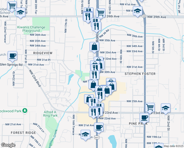 map of restaurants, bars, coffee shops, grocery stores, and more near 3008 Northwest 13th Street in Gainesville
