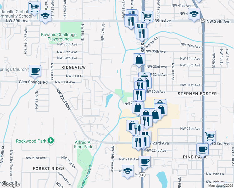 map of restaurants, bars, coffee shops, grocery stores, and more near 1560 Northwest 29 Road in Gainesville