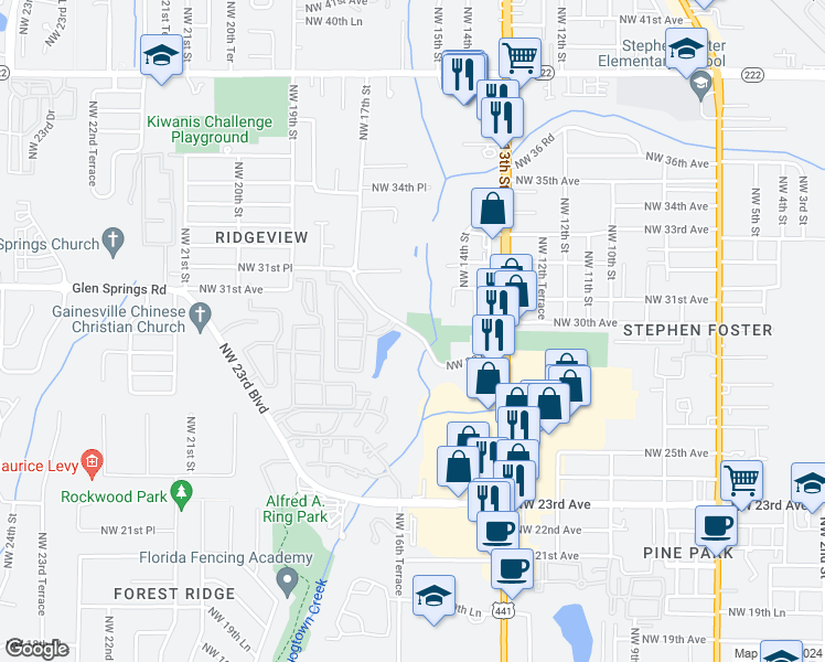 map of restaurants, bars, coffee shops, grocery stores, and more near 1560 Northwest 29 Road in Gainesville