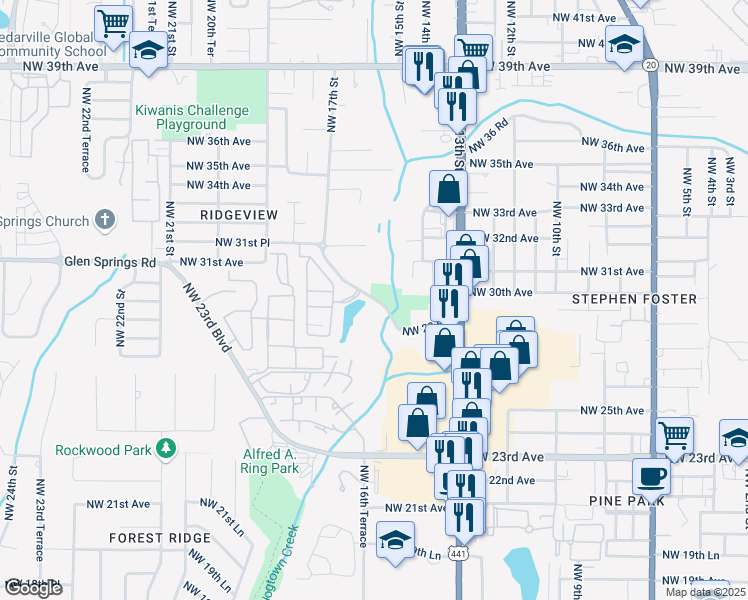 map of restaurants, bars, coffee shops, grocery stores, and more near 1560 Northwest 29 Road in Gainesville