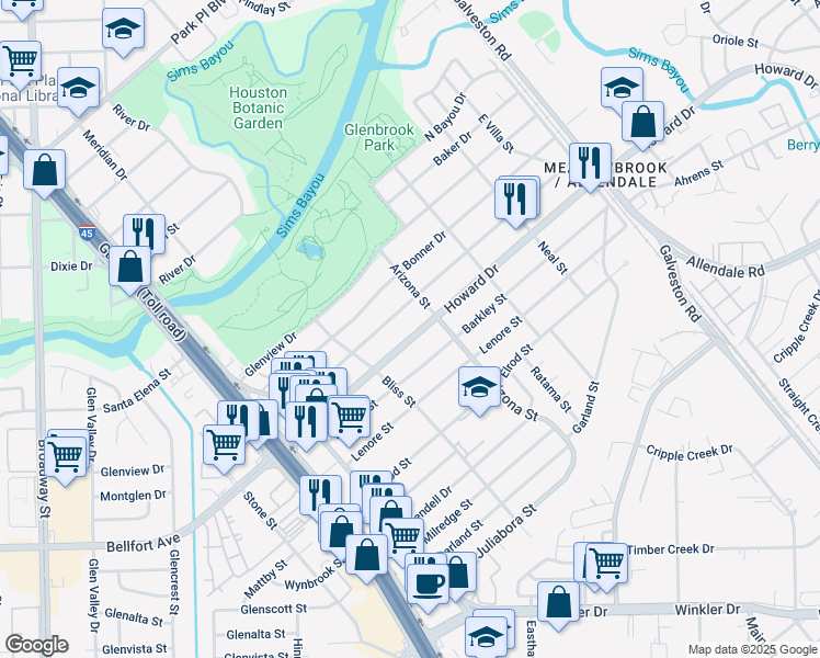 map of restaurants, bars, coffee shops, grocery stores, and more near 8145 Wier Drive in Houston